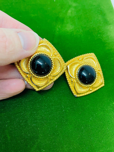 Napier Square Gold Clip On Earrings with Black Enamel Dome Devil's Details
